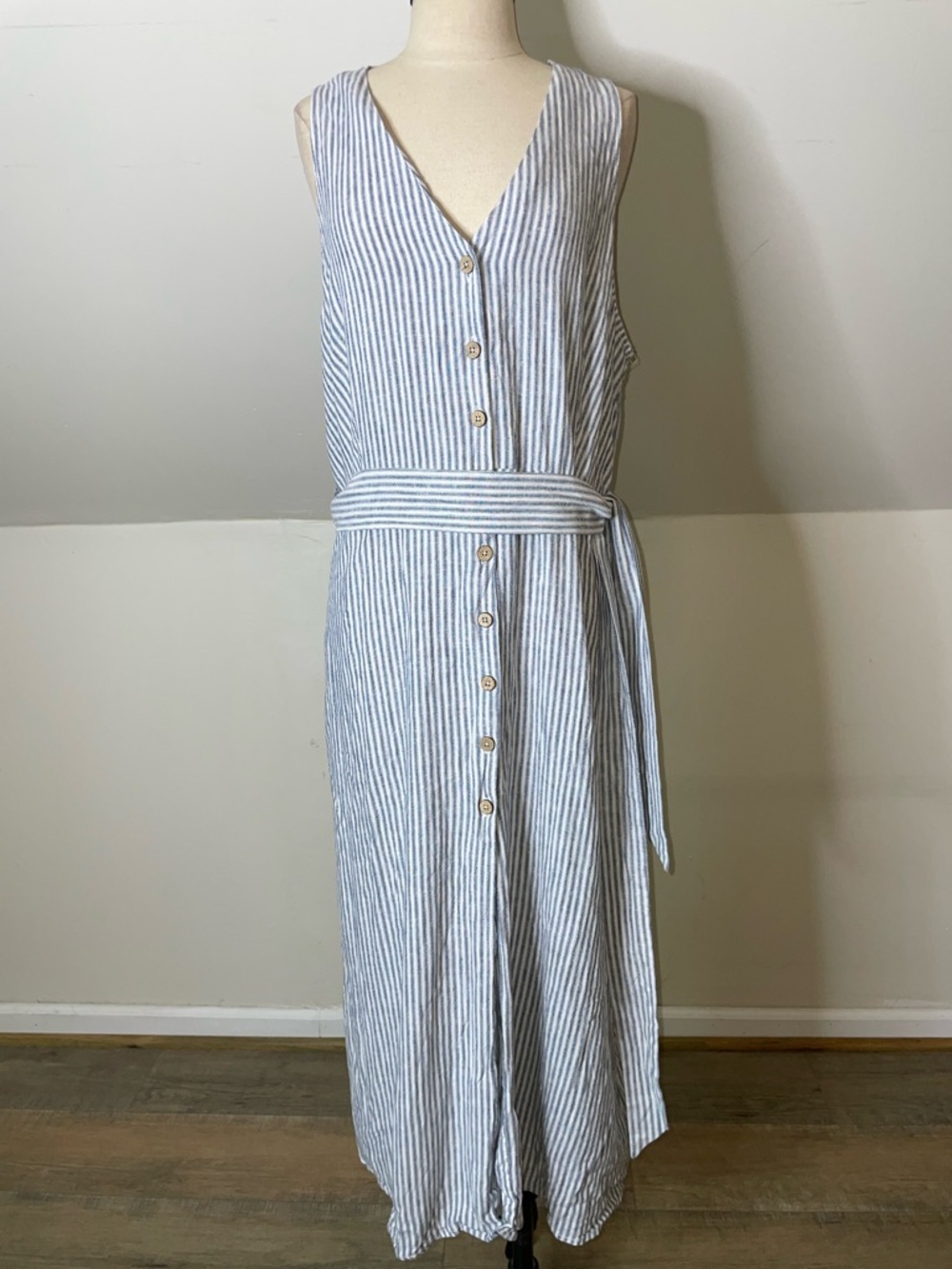 Casa Cabana XL Blue White Striped Shirt Dress Sleeveless Belt Pockets NWOT - Picture 7 of 9
